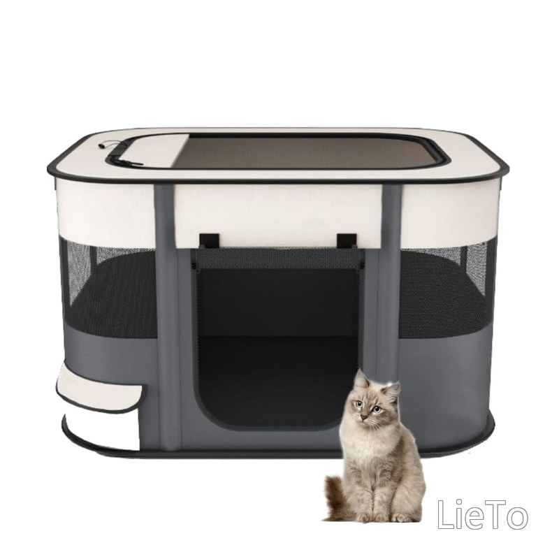 【送料無料】長方形 折りたたみ式 ペットサークル 収納バッグ付き 猫 犬用 ケージ 組み立て簡単 屋根付き メッシュサークル コンパクト 出産用 防災 軽量 室内室外兼用(M(80*60*55cm) 灰色)