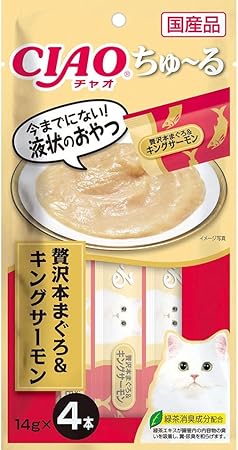 【注意事項】 ・メーカーの都合等により、パッケージ及び内容量、生産地、などが変更される場合がございます。ご了承ください。 ・当店では地球環境への配慮およびお手頃価格での商品の提供のため、簡易的な梱包とさせていただいております。 ・箱潰れなど、製品をご利用いただくのに問題がない場合の返品・交換対応はお受けできません ※期限のある商品について ・賞味期限や消費期限がある商品については、すべて期限まで2ヶ月以上のものを取り扱っております。個別のお問い合わせはご遠慮いただきますようお願い申し上げます。 ・期限が迫った商品は、別途アウトレット商品として販売させていただいております。 商品説明■　商品特徴とろ〜り食べやすい液状おやつ！ ・一度食べたらやみつき！猫ちゃんの好きなを素材を液状にしたおやつです。 ・ちゅ〜っと出して、なめるだけで簡単に栄養補給。 ・食べきりやすい14g×4本。・緑茶消臭成分配合！緑茶エキスが腸管内の内容物の臭いを吸着し、糞尿臭を和らげます。 4901133719691■　原材料まぐろ、本まぐろ、サーモン、まぐろエキス、鮭エキス、糖類(オリゴ糖)、タンパク加水分解物、植物性油脂、増粘安定剤(加工でん粉、増粘多糖類)、ミネラル類(Na、P、Cl)、調味料(アミノ酸)、ビタミンE、紅麹色素、緑茶エキス■　発売元、製造元、輸入元又は販売元いなばペットフード■　広告文責 ライフジェネレーション株式会社 TEL:06-6809-2484
