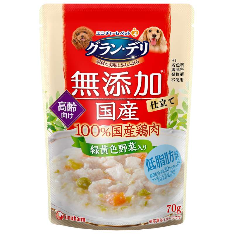 【注意事項】 ・メーカーの都合等により、パッケージ及び内容量、生産地、などが変更される場合がございます。ご了承ください。 ・当店では地球環境への配慮およびお手頃価格での商品の提供のため、簡易的な梱包とさせていただいております。 ・箱潰れなど、製品をご利用いただくのに問題がない場合の返品・交換対応はお受けできません ※期限のある商品について ・賞味期限や消費期限がある商品については、すべて期限まで2ヶ月以上のものを取り扱っております。個別のお問い合わせはご遠慮いただきますようお願い申し上げます。 ・期限が迫った商品は、別途アウトレット商品として販売させていただいております。 商品説明■　商品詳細新鮮な国産鶏肉を生肉のまま調理した美味しい鶏ささみ入りのレトルトパウチ。着色料・調味料・発色剤を使用せずに、美味しく調理しました。緑黄色野菜入りが2個入っています。 新鮮な国産鶏肉を生肉のまま調理した無添加（着色料・調味料・発色剤不使用）で美味しいウェットフードです。 高齢の愛犬の食べやすさを考えて、お肉を小さくカットしました。 4520699628621■　仕様【栄養成分】タンパク質:5.0%以上,脂質:0.5%以上,粗繊維:1.0%以下,粗灰分:1.5%以下,水分:93.0%以下 【カロリー】約38kcal/一袋当たり 【原産国】日本■　メーカーユニ・チャーム■　広告文責ライフジェネレーション株式会社 TEL:06-6809-2484