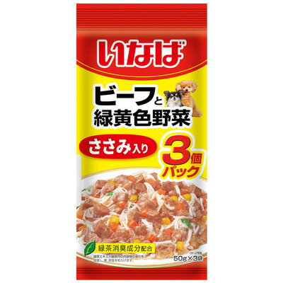 【注意事項】 ・メーカーの都合等により、パッケージ及び内容量、生産地、などが変更される場合がございます。ご了承ください。 ・当店では地球環境への配慮およびお手頃価格での商品の提供のため、簡易的な梱包とさせていただいております。 ・箱潰れなど、製品をご利用いただくのに問題がない場合の返品・交換対応はお受けできません ※期限のある商品について ・賞味期限や消費期限がある商品については、すべて期限まで2ヶ月以上のものを取り扱っております。個別のお問い合わせはご遠慮いただきますようお願い申し上げます。 ・期限が迫った商品は、別途アウトレット商品として販売させていただいております。 商品説明■　商品詳細 ビーフに緑黄色野菜とささみを一緒にパックしました。食べやすいソフトゼリータイプ。＊リニューアルいたしました。 4901133779732■　原材料鶏肉（レバー、ささみ）、野菜（人参、かぼちゃ、グリンピース）、牛肉、パン粉、鶏脂、卵白粉末、でん粉、タンパク加水分解物、ビーフエキス、寒天、カゼインナトリウム、増粘多糖類、乳酸カルシウム、ビタミンE、紅麹色素、緑茶エキス■　メーカーいなばペットフード■　広告文責 ライフジェネレーション株式会社 TEL:06-6809-2484　