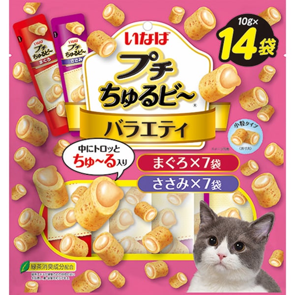 【注意事項】 ・メーカーの都合等により、パッケージ及び内容量、生産地、などが変更される場合がございます。ご了承ください。 ・当店では地球環境への配慮およびお手頃価格での商品の提供のため、簡易的な梱包とさせていただいております。 ・箱潰れなど、製品をご利用いただくのに問題がない場合の返品・交換対応はお受けできません ※期限のある商品について ・賞味期限や消費期限がある商品については、すべて期限まで2ヶ月以上のものを取り扱っております。個別のお問い合わせはご遠慮いただきますようお願い申し上げます。 ・期限が迫った商品は、別途アウトレット商品として販売させていただいております。 商品説明■　商品特徴猫ちゃんが食べやすい小粒タイプのスナック。 4901133814914■　原材料【まぐろ】鶏肉（ささみ）、まぐろ、鶏脂、かつお節、卵白粉末、糖類（オリゴ糖等）、まぐろエキス、酵母エキス、植物性油脂、増粘安定剤（加工でん粉、増粘多糖類）、カゼインナトリウム、ミネラル類（Na、P、Cl）、調味料（アミノ酸）、ビタミンE、パプリカ色素、緑茶エキス 【ささみ】鶏肉（ささみ）、鶏脂、かつお節、卵白粉末、糖類（オリゴ糖等）、ほたてエキス、酵母エキス、植物性油脂、増粘安定剤（加工でん粉、増粘多糖類）、カゼインナトリウム、ミネラル類（Na、P、Cl）、調味料（アミノ酸）、ビタミンE、パプリカ色素、緑茶エキス■　メーカーいなばペットフード■　広告文責 ライフジェネレーション株式会社 TEL:06-6809-2484