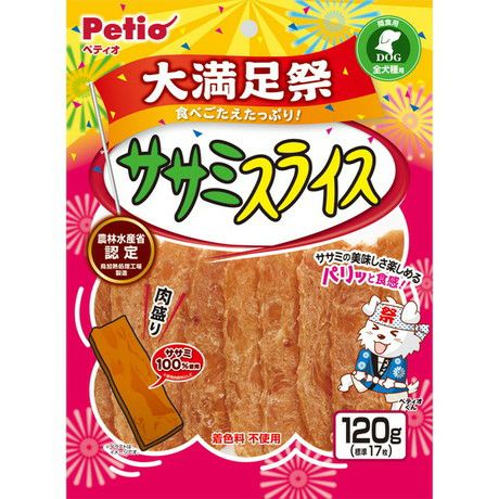 【注意事項】 ・メーカーの都合等により、パッケージ及び内容量、生産地、などが変更される場合がございます。ご了承ください。 ・当店では地球環境への配慮およびお手頃価格での商品の提供のため、簡易的な梱包とさせていただいております。 ・箱潰れなど、製品をご利用いただくのに問題がない場合の返品・交換対応はお受けできません ※期限のある商品について ・賞味期限や消費期限がある商品については、すべて期限まで2ヶ月以上のものを取り扱っております。個別のお問い合わせはご遠慮いただきますようお願い申し上げます。 ・期限が迫った商品は、別途アウトレット商品として販売させていただいております。 商品説明■　商品特徴お肉1.5倍！食べごたえたっぷりでワンちゃん大満足！（1枚当り当社｢いつでもささみ生活 ササミスライス｣比）良質たん白質豊富な鶏ササミを味わい豊かに仕上げました。ササミの美味しさ楽しめるパリッと食感！ササミ100%使用（使用肉原料として） 農林水産省認定 鳥加熱処理工場製造。着色料不使用。 4903588141690■　原材料鶏ササミ、でんぷん類、大豆たん白、食塩、グリセリン、増粘安定剤(キサンタンガム)、保存料(ソルビン酸K)■　メーカー名ペティオ■　広告文責 ライフジェネレーション株式会社 TEL:06-6809-2484