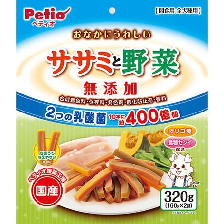 【注意事項】 ・メーカーの都合等により、パッケージ及び内容量、生産地、などが変更される場合がございます。ご了承ください。 ・当店では地球環境への配慮およびお手頃価格での商品の提供のため、簡易的な梱包とさせていただいております。 ・箱潰れなど、製品をご利用いただくのに問題がない場合の返品・交換対応はお受けできません ※期限のある商品について ・賞味期限や消費期限がある商品については、すべて期限まで2ヶ月以上のものを取り扱っております。個別のお問い合わせはご遠慮いただきますようお願い申し上げます。 ・期限が迫った商品は、別途アウトレット商品として販売させていただいております。 商品説明■　商品特徴合成着色料・保存料・発色剤・酸化防止剤・香料といった気になる添加物をカットしました。 2種類の乳酸菌を10本に約400億個配合！ さらに、オリゴ糖、食物センイ（難消化性デキストリン）配合で、おなかの健康維持に！ 小型犬・シニア犬にも与えやすい。低脂肪な鶏ササミと栄養豊富な緑黄色野菜がおいしい！ 4903588139338■　原材料肉類（鶏・鶏ササミ）、卵類、小麦粉、さつまいも、パン粉、でんぷん類、還元水飴、植物性油脂、食塩、酵母エキス、難消化性デキストリン（水溶性食物繊維）、オリゴ糖、かぼちゃ、ほうれん草、乳酸菌（KH-2株（熱処理済）・ラクリス）、加工でんぷん、グリセリン、プロピレングリコール、pH調整剤、カゼインNa、リン酸塩（Na）、炭酸Ca、着色料（紅麹・クチナシ）■　発売元、製造元、輸入元又は販売元ペティオ■　広告文責 ライフジェネレーション株式会社 TEL:06-6809-2484