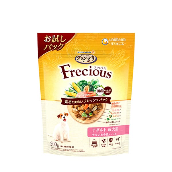 【3個セット】ユニ・チャーム グラン・デリ Frecious アダルト 成犬用 チキン＆小魚入り 200g