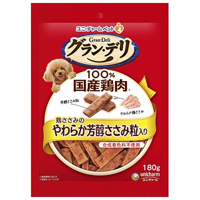 【注意事項】 ・メーカーの都合等により、パッケージ及び内容量、生産地、などが変更される場合がございます。ご了承ください。 ・当店では地球環境への配慮およびお手頃価格での商品の提供のため、簡易的な梱包とさせていただいております。 ・箱潰れなど、製品をご利用いただくのに問題がない場合の返品・交換対応はお受けできません ※期限のある商品について ・賞味期限や消費期限がある商品については、すべて期限まで2ヶ月以上のものを取り扱っております。個別のお問い合わせはご遠慮いただきますようお願い申し上げます。 ・期限が迫った商品は、別途アウトレット商品として販売させていただいております。 商品説明■　商品特徴100％国産鶏肉を使用し、使用シーンに合わせた色々なタイプがある美味しいおやつ 2つの食感を楽しめる美味しいおやつ 食べやすいちぎれるソフトタイプ 芳醇ささみ粒入り やわらかく仕上げた「鶏ささみ」に、かみごたえのある「芳醇ささみ粒」を合わせました。 柔らかめに作っているので、小型犬や高齢犬にも食べやすい。 合成着色料不使用 4520699665299■　原材料肉類(チキン、ささみ)、穀類(小麦粉、小麦グルテン)、コーンスターチ、ゼラチン、油脂類、豆類(脱脂大豆、大豆エキス、大豆タンパク)、酵母、野菜類(キャベツパウダー、ニンジンパウダー、カボチャパウダー)、ソルビトール、プロピレングリコール、膨張剤、調味料、食塩、リン酸塩、ミネラル類(カルシウム)、乳化剤、保存料(ソルビン酸)、酸化防止剤(アスコルビン酸Na、ミックストコフェロール)■　発売元、製造元、輸入元又は販売元ユニ・チャーム■　広告文責 ライフジェネレーション株式会社 TEL:06-6809-2484