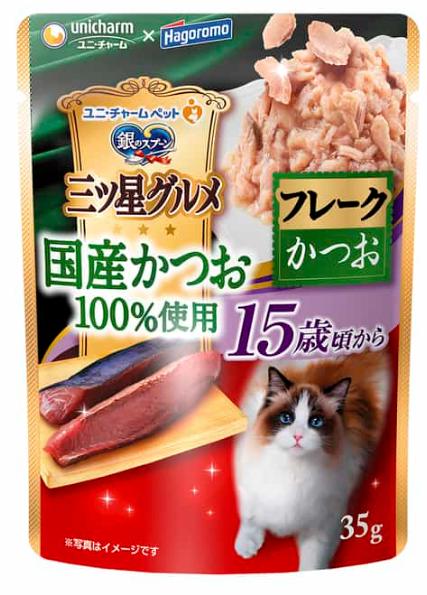 【注意事項】 ・メーカーの都合等により、パッケージ及び内容量、生産地、などが変更される場合がございます。ご了承ください。 ・当店では地球環境への配慮およびお手頃価格での商品の提供のため、簡易的な梱包とさせていただいております。 ・箱潰れなど、製品をご利用いただくのに問題がない場合の返品・交換対応はお受けできません ※期限のある商品について ・賞味期限や消費期限がある商品については、すべて期限まで2ヶ月以上のものを取り扱っております。個別のお問い合わせはご遠慮いただきますようお願い申し上げます。 ・期限が迫った商品は、別途アウトレット商品として販売させていただいております。 商品説明■　商品特徴国産かつお100%使用の贅沢キャットフード（ウエットタイプ）です。 4520699615775■　原材料魚介類(かつお、ホタテエキス)、調味料、増粘安定剤(増粘多糖類、加工デンプン)、ビタミン類(B1、B2、B6、B12、E)、塩化カリウム※天然由来の原料を使用しているため、色・形・大きさは多少ばらつく場合がありますが、品質には問題ありません。■　メーカーユニ・チャーム■　広告文責ライフジェネレーション株式会社 TEL:06-6809-2484