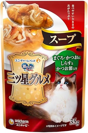 【注意事項】 ・メーカーの都合等により、パッケージ及び内容量、生産地、などが変更される場合がございます。ご了承ください。 ・当店では地球環境への配慮およびお手頃価格での商品の提供のため、簡易的な梱包とさせていただいております。 ・箱潰れなど、製品をご利用いただくのに問題がない場合の返品・交換対応はお受けできません ※期限のある商品について ・賞味期限や消費期限がある商品については、すべて期限まで2ヶ月以上のものを取り扱っております。個別のお問い合わせはご遠慮いただきますようお願い申し上げます。 ・期限が迫った商品は、別途アウトレット商品として販売させていただいております。 商品説明■　商品特徴●お魚のうまみがたっぷりな具だくさんの猫ちゃん用スープです。 ●スープ仕立てなので、水分がたっぷり補給できます。 ●食べやすい具の大きさです。 4520699626733■　原材料魚介類（かつお、まぐろ、しらす、かつお節、フィッシュエキス）、調味料、増粘安定剤（加工でん粉、グアーガム）■　メーカーユニ・チャーム■　広告文責ライフジェネレーション株式会社 TEL:06-6809-2484