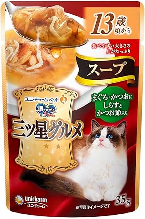 【注意事項】 ・メーカーの都合等により、パッケージ及び内容量、生産地、などが変更される場合がございます。ご了承ください。 ・当店では地球環境への配慮およびお手頃価格での商品の提供のため、簡易的な梱包とさせていただいております。 ・箱潰れなど、製品をご利用いただくのに問題がない場合の返品・交換対応はお受けできません ※期限のある商品について ・賞味期限や消費期限がある商品については、すべて期限まで2ヶ月以上のものを取り扱っております。個別のお問い合わせはご遠慮いただきますようお願い申し上げます。 ・期限が迫った商品は、別途アウトレット商品として販売させていただいております。 商品説明■　商品特徴●お魚のうまみがたっぷりな具だくさんスープ。 ●スープ仕立てなので、水分がたっぷりとれます。 ●食べやすい具の大きさ。 4520699629086■　原材料魚介類(かつお、まぐろ、しらす、かつお節、フィッシュエキス)、調味料、増粘安定剤(加工でん粉、グアーガム)、ミネラル類(Cl、K)、ビタミン類(B1、B2、B6、B12、E)■　メーカーユニ・チャーム■　広告文責ライフジェネレーション株式会社 TEL:06-6809-2484