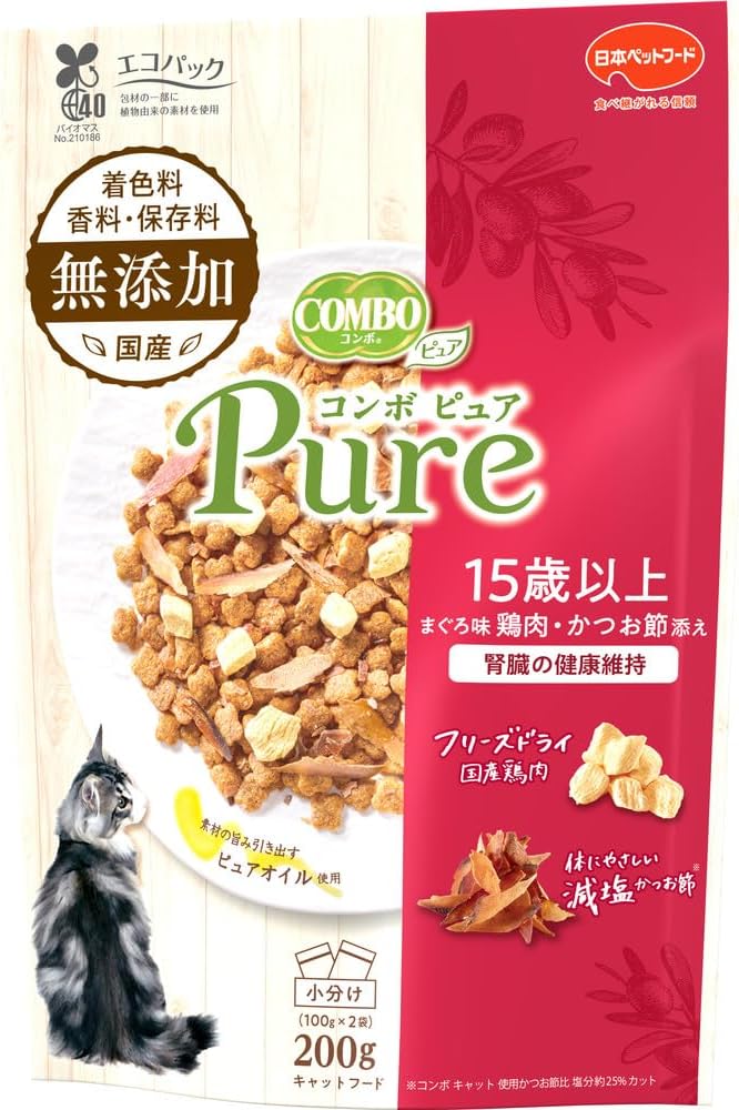 【3個セット】日本ペットフード コンボピュアキャット15歳以上まぐろ味・鶏肉・かつお節添え200g