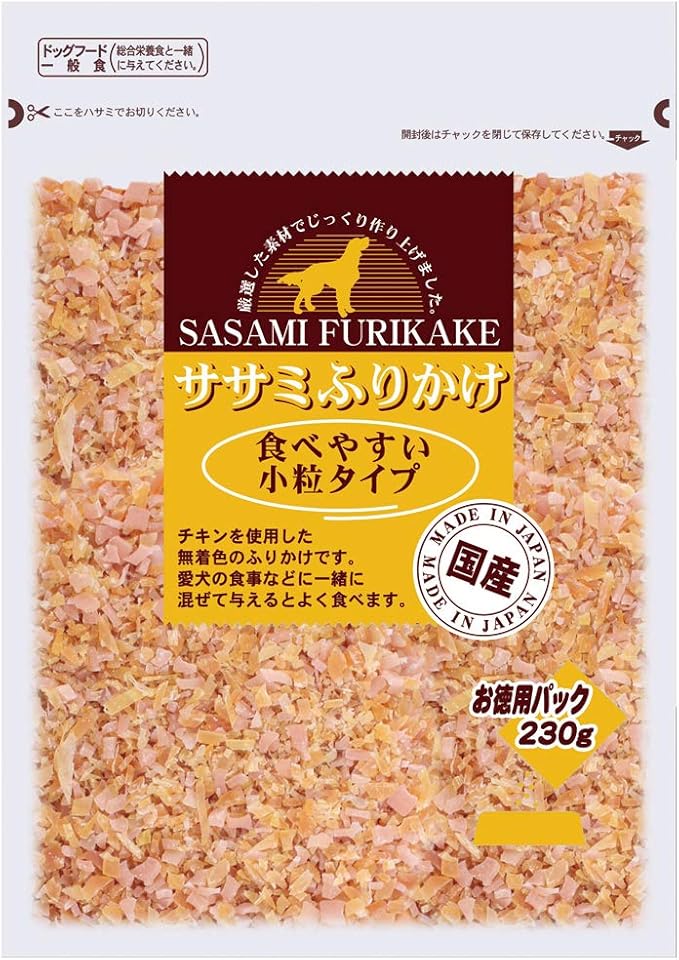【注意事項】 ・メーカーの都合等により、パッケージ及び内容量、生産地、などが変更される場合がございます。ご了承ください。 ・当店では地球環境への配慮およびお手頃価格での商品の提供のため、簡易的な梱包とさせていただいております。 ・箱潰れなど、製品をご利用いただくのに問題がない場合の返品・交換対応はお受けできません ※期限のある商品について ・賞味期限や消費期限がある商品については、すべて期限まで2ヶ月以上のものを取り扱っております。個別のお問い合わせはご遠慮いただきますようお願い申し上げます。 ・期限が迫った商品は、別途アウトレット商品として販売させていただいております。 商品説明■　商品特徴鶏ささみ肉使用ジャーキーを小粒状に仕上げることで、フードによくまざりおいしさを増すことができます。ドライフードをなかなか食べない愛犬におすすめです。 4941605010888■　原材料チキン（ささみ含む）、小麦粉、グリセリン、乳酸Na、リン酸塩（Na、K）、pH調整剤、調味料、保存料（ソルビン酸）、酸化防止剤（亜硫酸Na、ビタミンCナトリウム）■　メーカー九州ペットフード■　広告文責 ライフジェネレーション株式会社 TEL:06-6809-2484