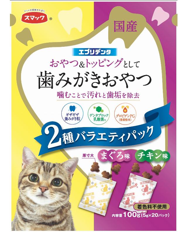 【注意事項】 ・メーカーの都合等により、パッケージ及び内容量、生産地、などが変更される場合がございます。ご了承ください。 ・当店では地球環境への配慮およびお手頃価格での商品の提供のため、簡易的な梱包とさせていただいております。 ・箱潰れなど、製品をご利用いただくのに問題がない場合の返品・交換対応はお受けできません ※期限のある商品について ・賞味期限や消費期限がある商品については、すべて期限まで2ヶ月以上のものを取り扱っております。個別のお問い合わせはご遠慮いただきますようお願い申し上げます。 ・期限が迫った商品は、別途アウトレット商品として販売させていただいております。 商品説明■　商品特徴おやつ＆トッピングとして、ギザギザ歯磨き粒を噛むことで愛猫のデンタルケアができるフードです。お口の健康に配慮して、デンタブロック乳酸菌を配合。健康を維持することで免疫力を保ちます。また、グロビゲンPG（卵黄粉末）も配合しています。愛猫の好みに合わせて2つの味が楽しめるまぐろ味とチキン味のたっぷりサイズ。 4970022024543■　原材料【まぐろ味】穀類（とうもろこし、小麦粉、パン粉等）、魚介類（フィッシュミール、フィッシュエキス、まぐろパウダー、フィッシュパウダー）、肉類（ミートミール、チキンレバーパウダー）、動物性油脂 【チキン味】 穀類（とうもろこし、小麦粉、パン粉等）、魚介類（フィッシュミール、フィッシュエキス、フィッシュパウダー）、肉類（ミートミール、チキンレバーパウダー）、動物性油脂■　メーカースマック■　広告文責 ライフジェネレーション株式会社 TEL:06-6809-2484