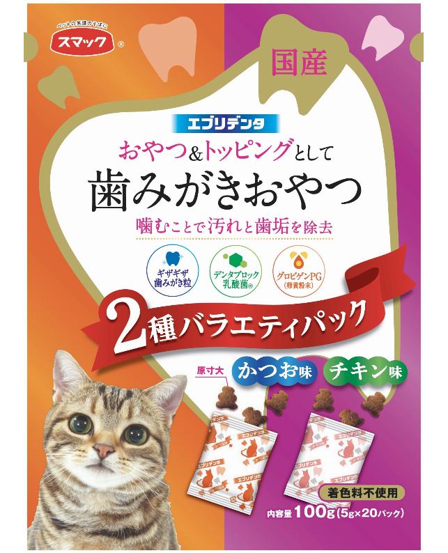 【注意事項】 ・メーカーの都合等により、パッケージ及び内容量、生産地、などが変更される場合がございます。ご了承ください。 ・当店では地球環境への配慮およびお手頃価格での商品の提供のため、簡易的な梱包とさせていただいております。 ・箱潰れなど、製品をご利用いただくのに問題がない場合の返品・交換対応はお受けできません ※期限のある商品について ・賞味期限や消費期限がある商品については、すべて期限まで2ヶ月以上のものを取り扱っております。個別のお問い合わせはご遠慮いただきますようお願い申し上げます。 ・期限が迫った商品は、別途アウトレット商品として販売させていただいております。 商品説明■　商品特徴おやつ＆トッピングとして、ギザギザ歯磨き粒を噛むことで愛猫のデンタルケアができるフードです。お口の健康に配慮して、デンタブロック乳酸菌を配合。健康を維持することで免疫力を保ちます。また、グロビゲンPG（卵黄粉末）も配合しています。愛猫の好みに合わせて2つの味が楽しめるまぐろ味とチキン味のたっぷりサイズ。 4970022024536■　原材料【まぐろ味】穀類（とうもろこし、小麦粉、パン粉等）、魚介類（フィッシュミール、フィッシュエキス、まぐろパウダー、フィッシュパウダー）、肉類（ミートミール、チキンレバーパウダー）、動物性油脂 【チキン味】 穀類（とうもろこし、小麦粉、パン粉等）、魚介類（フィッシュミール、フィッシュエキス、フィッシュパウダー）、肉類（ミートミール、チキンレバーパウダー）、動物性油脂■　メーカースマック■　広告文責 ライフジェネレーション株式会社 TEL:06-6809-2484