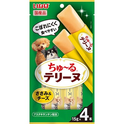 【注意事項】 ・メーカーの都合等により、パッケージ及び内容量、生産地、などが変更される場合がございます。ご了承ください。 ・当店では地球環境への配慮およびお手頃価格での商品の提供のため、簡易的な梱包とさせていただいております。 ・箱潰れなど、製品をご利用いただくのに問題がない場合の返品・交換対応はお受けできません ※期限のある商品について ・賞味期限や消費期限がある商品については、すべて期限まで2ヶ月以上のものを取り扱っております。個別のお問い合わせはご遠慮いただきますようお願い申し上げます。 ・期限が迫った商品は、別途アウトレット商品として販売させていただいております。 商品説明■　商品詳細 テリーヌならではの硬い食感で、噛んで食べられる形状です。 高級感あふれるグルメなおやつとして特別なひと時をお楽しみいただけます。 4901133657276■　原産国日本■　原材料鶏肉（ささみ）、トウモロコシ粉、鶏脂、チーズパウダー、チキンエキスパウダー、酵母エキス、加工でん粉、ビタミンE、ヘマトコッカス藻色素（アスタキサンチン含有）■　保証成分値たんぱく質4.5％以上、脂質2.0％以上、粗繊維0.1％以下、灰分0.4％以下、水分81.5％以下、エネルギー約14kcal/本■　形状テリーヌ■　内容量15g×4本■　メーカーいなばペットフード■　広告文責ライフジェネレーション株式会社 TEL:06-6809-2484　