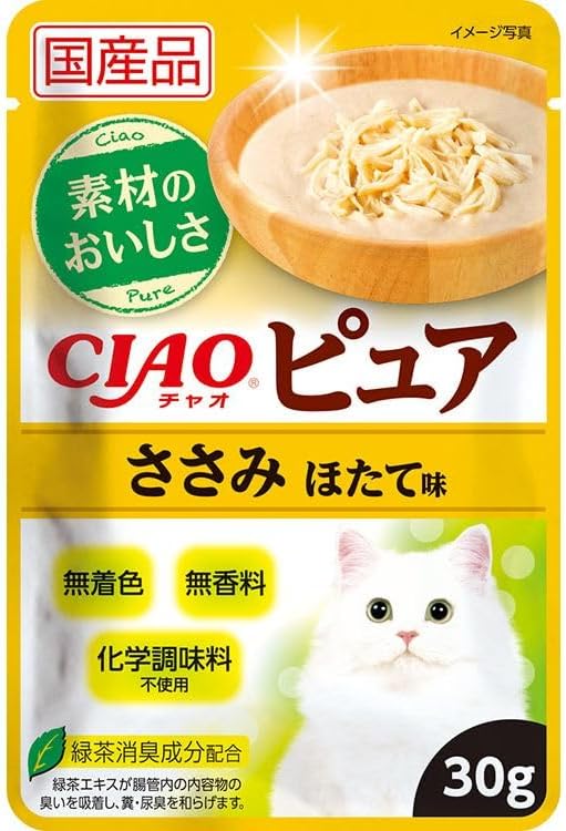 【注意事項】 ・メーカーの都合等により、パッケージ及び内容量、生産地、などが変更される場合がございます。ご了承ください。 ・当店では地球環境への配慮およびお手頃価格での商品の提供のため、簡易的な梱包とさせていただいております。 ・箱潰れなど、製品をご利用いただくのに問題がない場合の返品・交換対応はお受けできません ※期限のある商品について ・賞味期限や消費期限がある商品については、すべて期限まで2ヶ月以上のものを取り扱っております。個別のお問い合わせはご遠慮いただきますようお願い申し上げます。 ・期限が迫った商品は、別途アウトレット商品として販売させていただいております。 商品説明■　商品特徴●ささみをベースにしたペーストタイプの猫用一般食ウェットフードです。 ●化学調味料を使用せず、素材そのままの美味しさにこだわって作りました。 ●安心の国産、無着色、無香料です。 4901133438745■　原材料鶏肉（ささみ）、魚介エキスパウダー（まぐろ、ほたて）、増粘安定剤（加工でん粉、増粘多糖類）、緑茶エキス■　メーカーいなばペットフード株式会社■　広告文責ライフジェネレーション株式会社 TEL:06-6809-2484