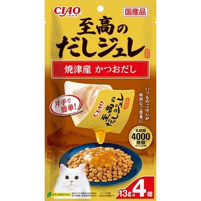 【注意事項】 ・メーカーの都合等により、パッケージ及び内容量、生産地、などが変更される場合がございます。ご了承ください。 ・当店では地球環境への配慮およびお手頃価格での商品の提供のため、簡易的な梱包とさせていただいております。 ・箱潰れなど、製品をご利用いただくのに問題がない場合の返品・交換対応はお受けできません ※期限のある商品について ・賞味期限や消費期限がある商品については、すべて期限まで2ヶ月以上のものを取り扱っております。個別のお問い合わせはご遠慮いただきますようお願い申し上げます。 ・期限が迫った商品は、別途アウトレット商品として販売させていただいております。 商品説明■　商品詳細 こだわりの国産だしを使用したジュレタイプのトッパー。いつものごはんを特別なご褒美に。 4901133707520■　原材料かつお節エキス、糖類（オリゴ糖等）、殺菌乳酸菌、植物性油脂、増粘多糖類、調味料（アミノ酸）、ミネラル類（Na、P、Cl）、ビタミンE、カラメル色素、緑茶エキス■　メーカーいなばペットフード株式会社■　広告文責 ライフジェネレーション株式会社 TEL:06-6809-2484　