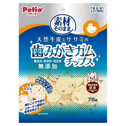 【6個セット】ペティオ 素材そのまま　天然牛皮とササミの歯みがきガム　チップス75g