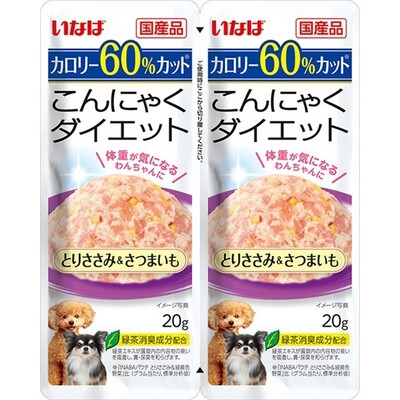 【注意事項】 ・メーカーの都合等により、パッケージ及び内容量、生産地、などが変更される場合がございます。ご了承ください。 ・当店では地球環境への配慮およびお手頃価格での商品の提供のため、簡易的な梱包とさせていただいております。 ・箱潰れなど、製品をご利用いただくのに問題がない場合の返品・交換対応はお受けできません ※期限のある商品について ・賞味期限や消費期限がある商品については、すべて期限まで2ヶ月以上のものを取り扱っております。個別のお問い合わせはご遠慮いただきますようお願い申し上げます。 ・期限が迫った商品は、別途アウトレット商品として販売させていただいております。 商品説明■　商品詳細 こんにゃくを使用したわんちゃん用の低カロリーパウチ。1袋20gの食べきりサイズで、ドライフードのトッピングにも便利。半分に切り取れるため、2回に分けてお使いいただけます。 4901133477485■　原材料こんにゃく、鶏肉（ささみ）、さつまいも、チキンエキスパウダー、寒天、酵母エキス、タンパク加水分解物、増粘安定剤（加工でん粉、増粘多糖類）、ビタミンE、紅麹色素、緑茶エキス■　メーカーいなばペットフード株式会社■　広告文責 ライフジェネレーション株式会社 TEL:06-6809-2484　