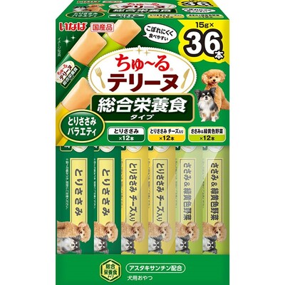 【注意事項】 ・メーカーの都合等により、パッケージ及び内容量、生産地、などが変更される場合がございます。ご了承ください。 ・当店では地球環境への配慮およびお手頃価格での商品の提供のため、簡易的な梱包とさせていただいております。 ・箱潰れなど、製品をご利用いただくのに問題がない場合の返品・交換対応はお受けできません ※期限のある商品について ・賞味期限や消費期限がある商品については、すべて期限まで2ヶ月以上のものを取り扱っております。個別のお問い合わせはご遠慮いただきますようお願い申し上げます。 ・期限が迫った商品は、別途アウトレット商品として販売させていただいております。 商品説明■　商品詳細 好評のちゅ〜るテリーヌの総合栄養食タイプ。 わんちゃんの好きな素材をベースに、風味良く仕上げました。 ほろっと崩れる自然な固さで、こぼれにくく食べやすい。 3種類の味が楽しめるバラエティパック。 4901133216428■　原材料【とりささみ】鶏肉（ささみ）、トウモロコシ粉、鶏脂、チキンエキスパウダー、酵母エキス、酵母、ミネラル類（Ca、P、K、Cl、Mg、Fe、Cu、Mn、Zn、I）、ビタミン類（A、D、E、B、B、葉酸、B、コリン）、サイリウム、ヘマトコッカス藻色素（アスタキサンチン含有）、増粘安定剤（加工でん粉） 【とりささみ チーズ入り】鶏肉（ささみ）、トウモロコシ粉、鶏脂、チキンエキスパウダー、チーズパウダー、酵母エキス、酵母、ミネラル類（Ca、P、K、Cl、Mg、Fe、Cu、Mn、Zn、I）、ビタミン類（A、D、E、B、B、葉酸、B、コリン）、サイリウム、ヘマトコッカス藻色素（アスタキサンチン含有）、増粘安定剤（加工でん粉） 【ささみ＆緑黄色野菜】鶏肉（ささみ）、トウモロコシ粉、鶏脂、野菜類（人参、かぼちゃ、いんげん）、チキンエキスパウダー、酵母エキス、酵母、ミネラル類（Ca、P、K、Cl、Mg、Fe、Cu、Mn、Zn、I）、ビタミン類（A、D、E、B、B、葉酸、B、コリン）、サイリウム、ヘマトコッカス藻色素（アスタキサンチン含有）、増粘安定剤（加工でん粉）■　メーカーいなばペットフード■　広告文責 ライフジェネレーション株式会社 TEL:06-6809-2484　