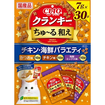 【注意事項】 ・メーカーの都合等により、パッケージ及び内容量、生産地、などが変更される場合がございます。ご了承ください。 ・当店では地球環境への配慮およびお手頃価格での商品の提供のため、簡易的な梱包とさせていただいております。 ・箱潰れなど、製品をご利用いただくのに問題がない場合の返品・交換対応はお受けできません ※期限のある商品について ・賞味期限や消費期限がある商品については、すべて期限まで2ヶ月以上のものを取り扱っております。個別のお問い合わせはご遠慮いただきますようお願い申し上げます。 ・期限が迫った商品は、別途アウトレット商品として販売させていただいております。 商品説明■　商品詳細ちゅ〜るを絡めたカリカリ粒を、猫ちゃんの好きなフレーバーでコーティングしました。3種類の味が楽しめるアソートパック。 4901133331794■　原材料穀類（とうもろこし、小麦粉、コーングルテンミール、ふすま等）、肉類（チキンミール、ポークミール、チキンレバーパウダー、チキンエキスパウダー、鶏肉（ささみ）等）、動物性油脂、豆類（脱脂大豆）、酵母エキス、セルロース、タンパク加水分解物、魚介類（まぐろ節パウダー、かつお節パウダー、まぐろ、まぐろエキス、ほたてエキス等）、酵母、糖類（オリゴ糖等）、野菜類（にんじんパウダー、かぼちゃパウダー、ほうれん草パウダー等）、植物性油脂、ミネラル類（Ca、P、K、Na、Cl、Mg、Fe、Cu、Mn、Zn、I、Co）、ビタミン類（A、B、B、B、B、C、D、E、K、コリン、ナイアシン、パントテン酸、葉酸、ビオチン）、アミノ酸類（メチオニン、リジン、タウリン）、緑茶エキス、酸化防止剤（ミックストコフェロール、アスコルビン酸等）、増粘安定剤（加工でん粉、増粘多糖類）、調味料（アミノ酸）、紅麹色素、カラメル色素、カロテノイド色素■　メーカーいなばペットフード■　広告文責ライフジェネレーション株式会社 TEL:06-6809-2484　