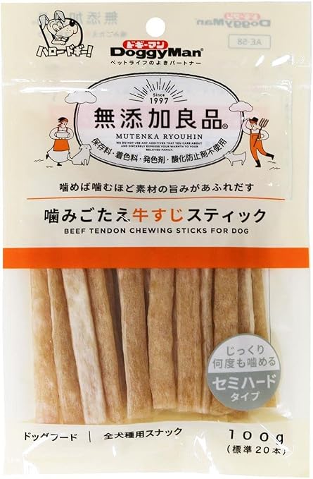 【注意事項】 ・メーカーの都合等により、パッケージ及び内容量、生産地、などが変更される場合がございます。ご了承ください。 ・当店では地球環境への配慮およびお手頃価格での商品の提供のため、簡易的な梱包とさせていただいております。 ・箱潰れなど、製品をご利用いただくのに問題がない場合の返品・交換対応はお受けできません ※期限のある商品について ・賞味期限や消費期限がある商品については、すべて期限まで2ヶ月以上のものを取り扱っております。個別のお問い合わせはご遠慮いただきますようお願い申し上げます。 ・期限が迫った商品は、別途アウトレット商品として販売させていただいております。 商品説明■　商品特徴噛みごたえ抜群の牛すじをスティック形状に仕上げました。噛むたびに牛すじの旨みがお口に広がります。 4976555824100■　仕様【素材・フレーバー】牛すじ 【原材料】牛皮、コーンスターチ、牛すじ肉、グリセリン 【成分】粗たん白質:32%以上、粗脂肪:0.5%以上、粗繊維:1%以下、粗灰分:2%以下、水分:26.5%以下 【代謝エネルギー】320kcal/100g■　メーカードギーマンハヤシ■　広告文責ライフジェネレーション株式会社 TEL:06-6809-2484