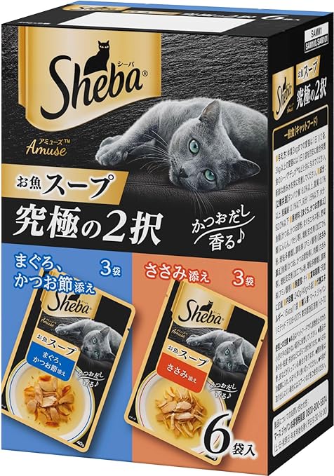 【注意事項】 ・メーカーの都合等により、パッケージ及び内容量、生産地、などが変更される場合がございます。ご了承ください。 ・当店では地球環境への配慮およびお手頃価格での商品の提供のため、簡易的な梱包とさせていただいております。 ・箱潰れなど、製品をご利用いただくのに問題がない場合の返品・交換対応はお受けできません ※期限のある商品について ・賞味期限や消費期限がある商品については、すべて期限まで2ヶ月以上のものを取り扱っております。個別のお問い合わせはご遠慮いただきますようお願い申し上げます。 ・期限が迫った商品は、別途アウトレット商品として販売させていただいております。 商品説明■　商品詳細・香り高いおいしいスープで、愛猫にとびきりのご褒美を！ ・じっくり丁寧に煮込み、魚介のコクとうまみが溶け込んだこだわりの贅沢スープ。 ・1箱で人気の2つの味が楽しめる究極のセレクションパック。 ・素材のうまみたっぷり　お魚の贅沢スープ 4902397864486■　仕様【原材料・成分：二種共通】タンパク質：6．0％以上、脂質：0．1％以上、粗繊維：0．1％以下、灰分：1．5％以下、水分：92．0％以下 【フレーバー】まぐろ、かつお節添え ささみ添え 【形状、内容量】ウェット、40g×6袋■　メーカーマースジャパンリミテッド■　広告文責ライフジェネレーション株式会社 TEL:06-6809-2484