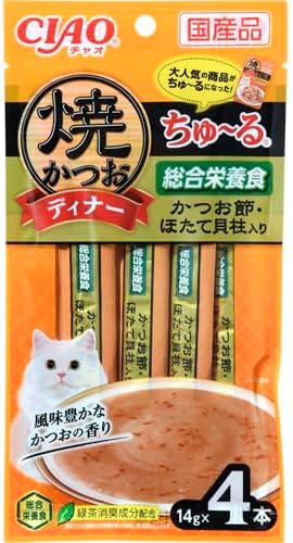 【注意事項】 ・メーカーの都合等により、パッケージ及び内容量、生産地、などが変更される場合がございます。ご了承ください。 ・当店では地球環境への配慮およびお手頃価格での商品の提供のため、簡易的な梱包とさせていただいております。 ・箱潰れなど、製品をご利用いただくのに問題がない場合の返品・交換対応はお受けできません ※期限のある商品について ・賞味期限や消費期限がある商品については、すべて期限まで2ヶ月以上のものを取り扱っております。個別のお問い合わせはご遠慮いただきますようお願い申し上げます。 ・期限が迫った商品は、別途アウトレット商品として販売させていただいております。 商品説明■　商品特徴●焼かつおディナーをちゅ〜るタイプ（ペースト）に仕上げました。風味豊かなかつおの香り。 ＜総合栄養食＞ 4901133478420■　原産国日本■　発売元、製造元、輸入元又は販売元いなばペットフード■　広告文責 ライフジェネレーション株式会社 TEL:06-6809-2484