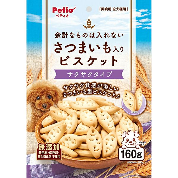 【注意事項】 ・メーカーの都合等により、パッケージ及び内容量、生産地、などが変更される場合がございます。ご了承ください。 ・当店では地球環境への配慮およびお手頃価格での商品の提供のため、簡易的な梱包とさせていただいております。 ・箱潰れなど、製品をご利用いただくのに問題がない場合の返品・交換対応はお受けできません ※期限のある商品について ・賞味期限や消費期限がある商品については、すべて期限まで2ヶ月以上のものを取り扱っております。個別のお問い合わせはご遠慮いただきますようお願い申し上げます。 ・期限が迫った商品は、別途アウトレット商品として販売させていただいております。 商品説明■　商品特徴素材の味が楽しめる、からだ想いのさつまいも入りビスケットに仕上げました。サクサク食感が楽しいさつまいも型ビスケット♪着色料・保存料・酸化防止剤 無添加。 4903588144226■　原材料小麦粉、砂糖、植物性油脂、でんぷん類、さつまいも、食塩、膨張剤、香料 ■　発売元、製造元、輸入元又は販売元ペティオ■　広告文責 ライフジェネレーション株式会社 TEL:06-6809-2484