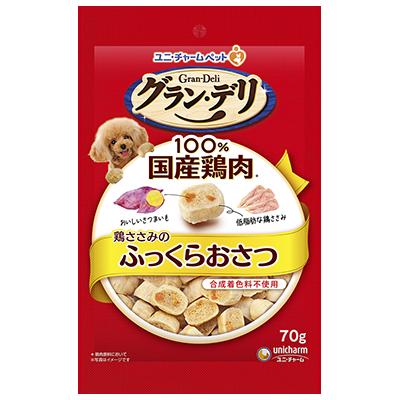 【注意事項】 ・メーカーの都合等により、パッケージ及び内容量、生産地、などが変更される場合がございます。ご了承ください。 ・当店では地球環境への配慮およびお手頃価格での商品の提供のため、簡易的な梱包とさせていただいております。 ・箱潰れなど、製品をご利用いただくのに問題がない場合の返品・交換対応はお受けできません ※期限のある商品について ・賞味期限や消費期限がある商品については、すべて期限まで2ヶ月以上のものを取り扱っております。個別のお問い合わせはご遠慮いただきますようお願い申し上げます。 ・期限が迫った商品は、別途アウトレット商品として販売させていただいております。 商品説明■　商品特徴100％国産鶏肉を使用し,使用シーンに合わせた色々なタイプがある美味しいおやつ 愛犬が喜ぶおいしいささみとさつまいもをたっぷり入れました 食べやすいふっくらタイプ 低脂肪なささみを使用 合成着色料不使用 4520699606216■　原材料ささみ,穀類（小麦粉,小麦グルテン）,さつまいも,豆類（大豆エキス,大豆タンパク）,動物性油脂,デキストリン,ソルビトール,グリセリン,プロピレングリコール,膨張剤,トレハロース,調味料,pH調整剤,食塩,増粘安定剤（アルギン酸エステル）,乳化剤,保存料（ソルビン酸）,リン酸塩,酸化防止剤（ミックストコフェロール,アスコルビン酸Na）■　発売元、製造元、輸入元又は販売元ユニ・チャーム■　広告文責 ライフジェネレーション株式会社 TEL:06-6809-2484