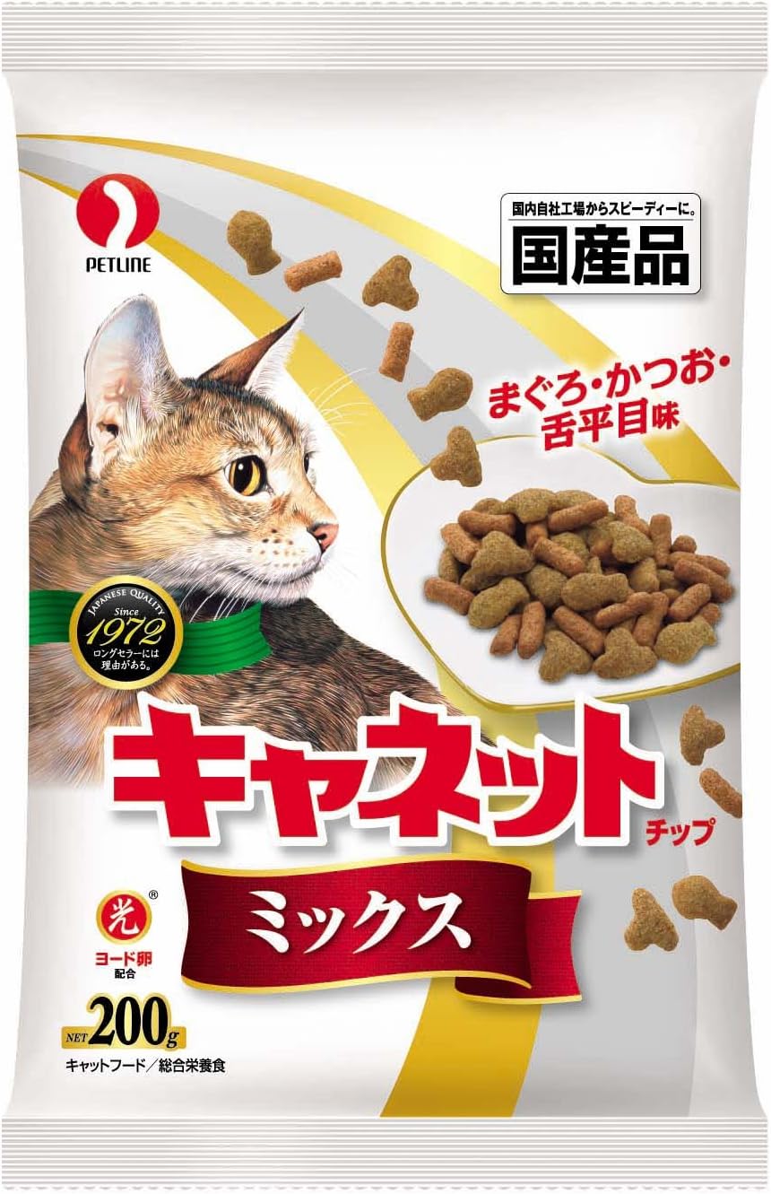 【注意事項】 ・メーカーの都合等により、パッケージ及び内容量、生産地、などが変更される場合がございます。ご了承ください。 ・当店では地球環境への配慮およびお手頃価格での商品の提供のため、簡易的な梱包とさせていただいております。 ・箱潰れなど、製品をご利用いただくのに問題がない場合の返品・交換対応はお受けできません ※期限のある商品について ・賞味期限や消費期限がある商品については、すべて期限まで2ヶ月以上のものを取り扱っております。個別のお問い合わせはご遠慮いただきますようお願い申し上げます。 ・期限が迫った商品は、別途アウトレット商品として販売させていただいております。 商品説明■　商品特徴ドライキャットフードとしてロングセラーを誇るシリーズ。 猫の健康維持に必要な栄養素をバランスよく配合。 食べやすい粒サイズとサクサクとした食感が人気の理由です。 猫の大好きな まぐろかつお舌平目 のおいしさみをミックス。 4902418028200■　原材料穀類とうもろこし、コーングルテンミール、小麦粉、等、肉類ミートミール、チキンミール、等、豆類おから、脱脂大豆、等、魚介類フィッシュミール、フィッシュエキス、まぐろエキス、かつおエキス、舌平目エキス、等、油脂類動物性油脂、ガンマ-リノレン酸、等、卵類ヨード卵粉末、ビール酵母、ビタミン類A、D3、E、K3、B1、B2、パントテン酸、ナイアシン、B6、葉酸、ビオチン、B12、コリン、イノシトール、ミネラル類カルシウム、リン、ナトリウム、カリウム、塩素、鉄、コバルト、銅、マンガン、亜鉛、ヨウ素、アミノ酸類メチオニン、タウリン、着色料赤102、酸化防止剤ローズマリー抽出物、ミックストコフェロール ■　メーカーペットライン■　広告文責 ライフジェネレーション株式会社 TEL:06-6809-2484