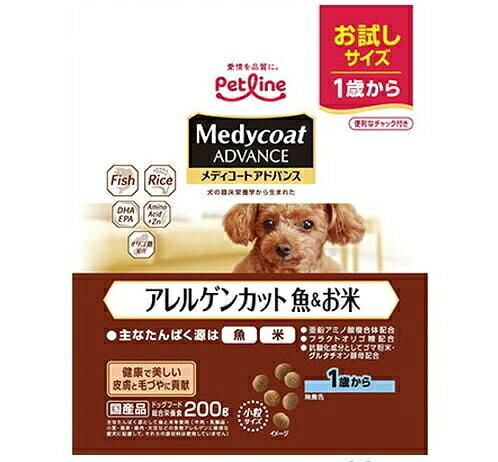 【注意事項】 ・メーカーの都合等により、パッケージ及び内容量、生産地、などが変更される場合がございます。ご了承ください。 ・当店では地球環境への配慮およびお手頃価格での商品の提供のため、簡易的な梱包とさせていただいております。 ・箱潰れなど、製品をご利用いただくのに問題がない場合の返品・交換対応はお受けできません ※期限のある商品について ・賞味期限や消費期限がある商品については、すべて期限まで2ヶ月以上のものを取り扱っております。個別のお問い合わせはご遠慮いただきますようお願い申し上げます。 ・期限が迫った商品は、別途アウトレット商品として販売させていただいております。 商品説明■　商品特徴・主なたんぱく源を魚と米にすることで、食物アレルギーに配慮しました。 ・1歳からの愛犬に。成犬の健康生活をしっかりサポート。 4902418002330■　原材料穀類(米粉、米、米ぬか)、魚介類(フィッシュミール、サーモンミール、フィッシュエキス)、油脂類(動物性油脂、ライスファットカルシウム、フィッシュオイル：DHA・EPA源)、種実類(ゴマ粉末)、糖類(フラクトオリゴ糖)、グルタチオン酵母、シャンピニオンエキス、ビタミン類(A、E、K3、B1、B2、パントテン酸、ナイアシン、B6、葉酸、ビオチン、B12、C、コリン)、ミネラル類(カルシウム、リン、ナトリウム、カリウム、塩素、鉄、コバルト、銅、マンガン、亜鉛アミノ酸複合体、亜鉛、ヨウ素)、酸化防止剤(ローズマリー抽出物、ミックストコフェロール)■　メーカーペットライン■　広告文責 ライフジェネレーション株式会社 TEL:06-6809-2484