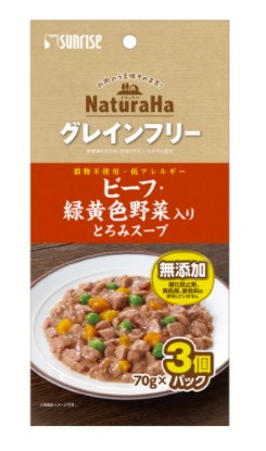 【注意事項】 ・メーカーの都合等により、パッケージ及び内容量、生産地、などが変更される場合がございます。ご了承ください。 ・当店では地球環境への配慮およびお手頃価格での商品の提供のため、簡易的な梱包とさせていただいております。 ・箱潰れなど、製品をご利用いただくのに問題がない場合の返品・交換対応はお受けできません ※期限のある商品について ・賞味期限や消費期限がある商品については、すべて期限まで2ヶ月以上のものを取り扱っております。個別のお問い合わせはご遠慮いただきますようお願い申し上げます。 ・期限が迫った商品は、別途アウトレット商品として販売させていただいております。 商品説明■　商品特徴発色剤・酸化防止剤・着色料不使用、グレインフリー(穀物不使用)で作ったウェットパウチの総合栄養食です。 とろみがついたスープタイプなのでいつものフードに絡めて与える事ができます。 穀物を使用していないので、穀物アレルギーのワンちゃんにも安心して与える事ができます。 4973321940033 ■　原材料肉類（ビーフ、チキン等）、野菜類（エンドウマメ)、かぼちゃ、にんじん等）、でん粉類、糖類、増粘多糖類、ビタミン類（A、B1、B2、B6、B12、D、E、ビオチン、パントテン酸カルシウム、葉酸、ニコチンアミド）、ミネラル類（Fe、Zn、Cu、Mn、I、Se）■　メーカーマルカン（サンライズ）■　広告文責 ライフジェネレーション株式会社 TEL:06-6809-2484