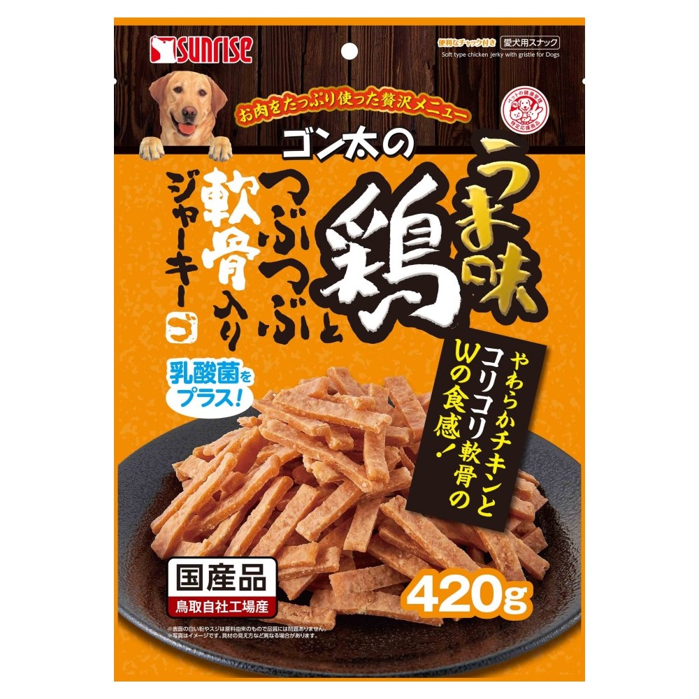 【注意事項】 ・メーカーの都合等により、パッケージ及び内容量、生産地、などが変更される場合がございます。ご了承ください。 ・当店では地球環境への配慮およびお手頃価格での商品の提供のため、簡易的な梱包とさせていただいております。 ・箱潰れなど、製品をご利用いただくのに問題がない場合の返品・交換対応はお受けできません ※期限のある商品について ・賞味期限や消費期限がある商品については、すべて期限まで2ヶ月以上のものを取り扱っております。個別のお問い合わせはご遠慮いただきますようお願い申し上げます。 ・期限が迫った商品は、別途アウトレット商品として販売させていただいております。 商品説明■　商品特徴お肉をたっぷり使ったチキンジャーキーのおいしさと軟骨のコリコリした食感をダブルで味わう事ができる嗜好性の高いスナックです。 やわらかく食べやすい細切りサイズにカットしました。 4973321929502■　原材料穀類、肉類[チキン、軟骨（コラーゲン含む）等]、食物繊維、乳酸菌、増粘安定剤（グリセリン）、香料、保存料（ソルビン酸カリウム）、着色料（赤40、黄4）■　メーカーマルカン（サンライズ）■　広告文責 ライフジェネレーション株式会社 TEL:06-6809-2484