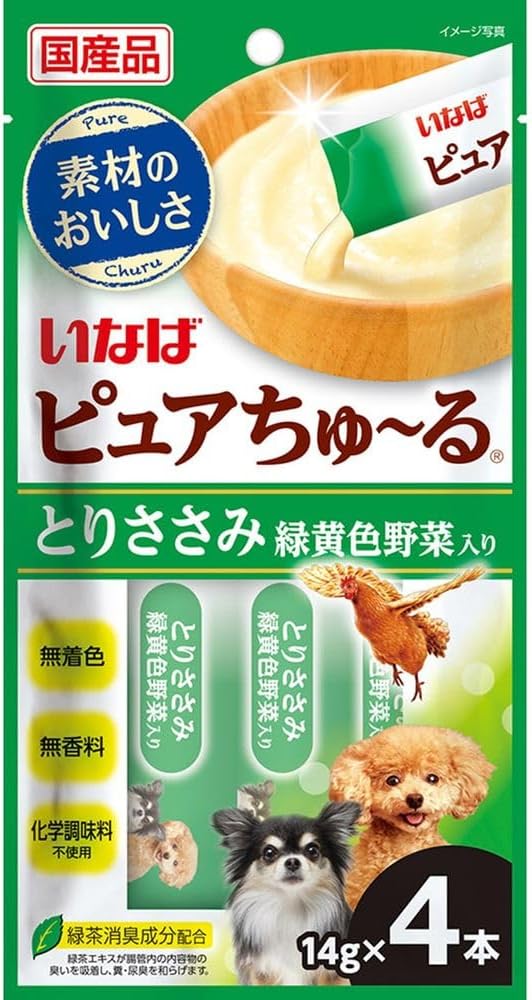 【注意事項】 ・メーカーの都合等により、パッケージ及び内容量、生産地、などが変更される場合がございます。ご了承ください。 ・当店では地球環境への配慮およびお手頃価格での商品の提供のため、簡易的な梱包とさせていただいております。 ・箱潰れなど、製品をご利用いただくのに問題がない場合の返品・交換対応はお受けできません ※期限のある商品について ・賞味期限や消費期限がある商品については、すべて期限まで2ヶ月以上のものを取り扱っております。個別のお問い合わせはご遠慮いただきますようお願い申し上げます。 ・期限が迫った商品は、別途アウトレット商品として販売させていただいております。 商品説明■　商品詳細●わんちゃんが大好きなとりささみに緑黄色野菜を加えたペーストタイプのおやつです。 ●化学調味料を使用せず、素材そのままの美味しさにこだわって作りました。 ●安心の無着色、無香料です。 4901133779374■　原材料鶏肉（ささみ）、野菜類（人参、かぼちゃ、いんげん）、チキンエキス、酵母エキス、増粘安定剤（加工でん粉、増粘多糖類）、緑茶エキス■　メーカーいなばペットフード株式会社■　広告文責ライフジェネレーション株式会社 TEL:06-6809-2484