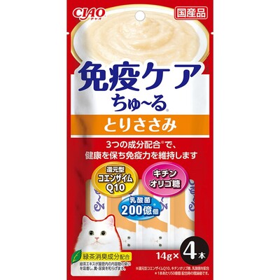 【注意事項】 ・メーカーの都合等により、パッケージ及び内容量、生産地、などが変更される場合がございます。ご了承ください。 ・当店では地球環境への配慮およびお手頃価格での商品の提供のため、簡易的な梱包とさせていただいております。 ・箱潰れなど、製品をご利用いただくのに問題がない場合の返品・交換対応はお受けできません ※期限のある商品について ・賞味期限や消費期限がある商品については、すべて期限まで2ヶ月以上のものを取り扱っております。個別のお問い合わせはご遠慮いただきますようお願い申し上げます。 ・期限が迫った商品は、別途アウトレット商品として販売させていただいております。 商品説明■　商品詳細 猫ちゃんの元気な生活をサポートするちゅ〜る。還元型コエンザイムQ10、キチンオリゴ糖、乳酸菌を配合することにより、健康を保ち免疫力を維持します。 4901133417788■　原材料鶏肉（ささみ）、鶏脂、還元型コエンザイムQ10加工食品、ホタテエキス、糖類（キチンオリゴ糖等）、植物性油脂、殺菌乳酸菌、増粘安定剤（加エでん粉、増粘多糖類）、ミネラル類（Na、P、Cl）、調味料（アミノ酸）、ビタミンE、緑茶エキス、カラメル色素、カロテノイド色素■　メーカーいなばペットフード株式会社■　広告文責 ライフジェネレーション株式会社 TEL:06-6809-2484　