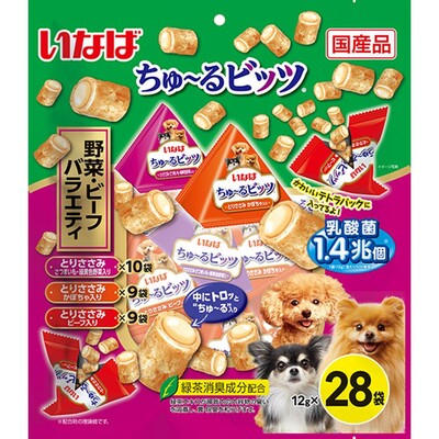 【注意事項】 ・メーカーの都合等により、パッケージ及び内容量、生産地、などが変更される場合がございます。ご了承ください。 ・当店では地球環境への配慮およびお手頃価格での商品の提供のため、簡易的な梱包とさせていただいております。 ・箱潰れなど、製品をご利用いただくのに問題がない場合の返品・交換対応はお受けできません ※期限のある商品について ・賞味期限や消費期限がある商品については、すべて期限まで2ヶ月以上のものを取り扱っております。個別のお問い合わせはご遠慮いただきますようお願い申し上げます。 ・期限が迫った商品は、別途アウトレット商品として販売させていただいております。 商品説明■　商品詳細 わんちゃんとのコミュニケーションにも便利なビッツタイプ。 外はふっくら、中にトロッとちゅ〜るが入っているため、2つの食感が楽しめます。 4901133421211■　原材料【とりささみ さつまいも・緑黄色野菜入り】鶏肉（ささみ）、鶏脂、かつお節、さつまいも、チキンエキス、野菜類（人参、グリンピース）、ガラクトオリゴ糖、卵白粉末、酵母エキス、殺菌乳酸菌、増粘安定剤（増粘多糖類、加工でん粉）、ビタミンE、紅麹色素、緑茶エキス 【とりささみ かぼちゃ入り】鶏肉（ささみ）、鶏脂、かつお節、かぼちゃ、チキンエキス、ガラクトオリゴ糖、卵白粉末、酵母エキス、殺菌乳酸菌、増粘安定剤（増粘多糖類、加工でん粉）、ビタミンE、紅麹色素、緑茶エキス 【とりささみ ビーフ入り】鶏肉（ささみ）、鶏脂、かつお節、ビーフエキス、牛肉、ガラクトオリゴ糖、寒天、卵白粉末、酵母エキス、殺菌乳酸菌、増粘安定剤（増粘多糖類、加工でん粉）、ビタミンE、紅麹色素、緑茶エキス■　メーカーいなばペットフード■　広告文責 ライフジェネレーション株式会社 TEL:06-6809-2484　