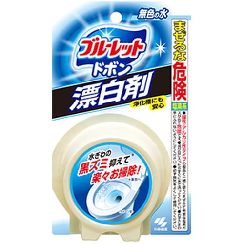 広告文責・販売事業者名:株式会社ビアンカTEL 050-5838-0748商品名 小林製薬 ブルーレットドボン 漂白剤 120g 内容量 120g 商品詳細 トイレタンクに入れて使用する便器の漂白剤です。 サイズ 102mm×170mm×35mm 成分 ジクロロイソシアヌル酸ナトリウム(塩素系)、界面活性剤(直鎖アルキルベンゼンスルホン酸ナトリウム)、安定化剤 使用方法 ・薬剤を台紙からはずし、そのままタンクに入れて約5分間水を流さないでください。(薬剤を包んでいるフィルムは、はがさないでください。フィルムは水に溶けてなくなります。) ・その際、排水口をふさぐことのないようタンクの中心部を避け、水道管とは反対側の隅の方へ入れて、必ず隅に落ちたことを確認してください。 ※万一、薬剤が給水口の下や排水口付近に落ちた場合は、棒などで水道管側と反対の隅へ移動させてください。 ※おしり洗浄機能付きトイレにも使用できますが、ごく一部、ご使用いただけないタイプ(トイレタンクの水をおしり洗浄に使うタイプ)があります。 ※簡易水洗タイプ(汲み取り式)には使用できません。 ※次のタンク及び節水型タンクには使用できません。 ×タンクの底が狭くてドボンが入る場所がないタンク ×内ブタがあるタンク ※泡立ちがなくなったら、お取り替えのサイン。新しい「ブルーレット ドボン漂白剤」をお求めください。 注意事項 ・使用の際には必ず換気する。 ・酸性・アルカリ性タイプの製品や食酢・アルコールなどと混ぜると有害なガスが発生して危険。 ・定着しない間に水を流すと排水口につまる恐れがある。 ・水流が強い場合には、薬剤が移動し、まれにつまる場合がある。その際は右図の方法で水流を調節する。(約90秒で満水になるよう調節する。) ・万一、薬剤が詰まって水が流れ続ける場合は、水道管の止水栓を止め、ゴム手袋等をして、つまった薬剤を取り出す。 ・新しい薬剤を入れる前にタンクの中に薬剤が残っていないことを確認する。 ・濡れた手で取り扱わない。 ・同時に2個以上使用しない。 ・給水の勢いによりタンク内が泡立つことがある。この場合、水道管の止水栓を少し閉めて、水の勢いを弱める。 ・保存状態によっては製品が柔らかくなることがあるが、品質上問題はない。 ・他の容器に詰め替えない。 ・用途以外には使用しない。 ・体調のすぐれない方は使用しない。 ・小児、認知症の方などの誤食に注意する。 ・小児、認知症の方などの手の届くところに置かない。 ・火気や直射日光を避け、40度以上になるところに置かない。 ・使用の際、薬剤を衣服につけないよう注意する。万一衣服についた場合は、すぐに水で洗い落とす。 備考 ※パッケージデザイン等は予告なく変更されることがあります。 ※メーカー都合により商品のリニューアル・変更及び原産国の変更がある場合があります。 区分 日用品 製造国・原産国 中国 発売元・販売元 小林製薬 JANコード 4987072087909
