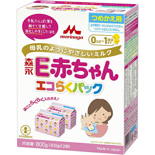 (English version) Product Description 商品名森永 E赤ちゃん エコらくパック つめかえ用 400g×2袋商品詳細内容量：800g(400g×2袋)※母乳と牛乳たんぱく質に関する研究をもとに、すべての牛乳たんぱく質を消化吸収のよいペプチドとして開発したミルク(つめかえ用)です。商品説明「森永 E赤ちゃん エコらくパック つめかえ用 400g×2袋」は、母乳と牛乳たんぱく質に関する研究をもとに、すべての牛乳たんぱく質を消化吸収のよいペプチドとして開発したミルク(つめかえ用)です。母乳が足りない赤ちゃんに、安心してお使いいただけます。牛乳たんぱく質を消化しているため特有の風味があります。0ヵ月から。※本品はミルクアレルギー疾患用ではありません。原材料に含まれるアレルギー物質(27品目中)乳、大豆使用方法【ミルクの飲ませ方】※ミルクを作る前には必ず手を洗いましょう。●標準調乳濃度は13%です。●標準的なミルクの使用量は箱側面の表をご覧ください。赤ちゃんの発育に合わせて、ミルクの量や回数を加減してください。●調乳後はミルクを充分に冷まし、必ず飲みごろの温度(体温くらい)であることを確かめてから、飲ませてあげてください。(哺乳びんの外側が冷めていても、ミルクは熱い場合があります)●1回分ずつ調乳して飲ませてあげてください。作りおきや飲み残しは与えないでください。●赤ちゃんの体質や健康状態によって、医師、管理栄養士にご相談ください。【ミルクの溶かし方】すりきり1さじ(約2.6g)は、できあがり量20mlです。必ず専用スプーンをお使いください。(1)消毒した哺乳びんに添付のスプーンで必要量のミルクをすりきって入れます。(2)一度沸騰させて少し冷ましたお湯(70度以上)を、やけどに注意しながらできあがり量の約2/3入れます。(哺乳びんが熱くなりますのでやけどにご注意ください)(3)乳首とフードをつけて、哺乳びんをよく振って溶かします。(4)できあがり量までお湯を加えます。(5)乳首とフードをつけて、軽く振りよく混ぜ合わせます。哺乳びんを流水にあてるか、冷水の入った容器に入れて軽く振り、必ず体温ぐらいに冷ましてから、飲ませてあげてください。標準使用量すりきり1さじ(約2.6g)は、できあがり量20mlです。月齢標準体重1回の使用量1日の回数計量さじ数できあがり量-1/2ヵ月3.1kg480ml7-8回1/2-13.661206-71-24.6816062-35.61020053-46.41020054-57.010-11200-22055-67.410-11200-2204+(1)6-97.6-8.310-11200-2203+(2)9-128.3-8.910-11200-2202+(3)●( )内は離乳食後に飲ませるミルクの回数です。離乳食後のミルクの量は、離乳食の進み具合に合わせて加減してください。●ミルクを飲む量は個人差がありますので目安にしてください。●専用のスプーンは缶の中にあります。使用上の注意●直射日光を避け室温で保存してください。●「森永E赤ちゃん」エコらくパックは専用ケースに袋ごと入れかえてご使用ください。専用ケースや缶に粉ミルクだけをつめかえることはお止めください。●専用ケースは入れかえ前に洗って乾かし、衛生的に使用してください。●専用ケースへの入れかえ後は、湿気、虫、ホコリ、髪の毛などが入らないようにフタをきちんとしめてください。●ミルクに湿気や水滴が入ると固まることがありますので、ぬれたスプーンは使用しないでください。●専用スプーンを使用した後は洗って乾かし、専用ケースに入れずに衛生的に保管してください。●専用ケースへの入れかえ後は湿気を避け、乾燥した涼しい清潔な場所に保管し、冷蔵庫等には入れないでください。●専用ケースへの入れかえ後はなるべく早く(1ヵ月以内)使い切るようにしてください。保存方法直射日光を避け、乾燥した涼しい清潔な場所に保管してください。お問い合わせ先森永乳業お客さま相談室フリーダイヤル：0120-303-633製造者森永乳業株式会社東京都港区芝5-33-1その他種類別調整粉乳原材料名乳糖 調整脂肪(パーム油、パーム核油、ヒマワリ油、サフラワー油、エゴマ油) 乳清たんぱく質消化物 デキストリン カゼイン消化物 乳糖分解物(ラクチュロース) ガラクトオリゴ糖液糖 ラフィノース 精製魚油 アラキドン酸含有油 L-カルニチン レシチン(大豆由来) 炭酸カルシウム 塩化マグネシウム 塩化カルシウム 塩化カリウム ビタミンC リン酸三カルシウム 炭酸ナトリウム リン酸水素二カリウム ラクトフェリン消化物 コレステロール 炭酸カリウム ピロリン酸第ニ鉄 ビタミンE タウリン 硫酸亜鉛 シチジル酸ナトリウム ビタミンD3 パントテン酸カルシウム ニコチン酸アミド イノシトール ウリジル酸ナトリウム ビタミンA 硫酸銅 5'-アデニル酸 イノシン酸ナトリウム グアニル酸ナトリウム ビタミンB1 ビタミンB2 ビタミンB6 葉酸 β-カロテン ビタミンB12栄養成分表100gあたりエネルギー 512kcal たんぱく質 11.0g 脂質 27.0g 炭水化物 57.0g ナトリウム 140mg ビタミンA 410μg ビタミンB1 0.35mg ビタミンB2 0.7mg ビタミンB6 0.3mg ビタミンB12 1.2μg ビタミンC 60mg ビタミンD 6.5μg ビタミンE 10mg ビタミンK 25μg カルシウム 380mg リン 210mg カリウム 495mg マグネシウム 45mg 鉄 6mg 銅 0.32mg 亜鉛 3.0mg マンガン 24μg ナイアシン 3.5mg 葉酸 100μg パントテン酸 4mg コレステロール 46mg β-カロテン 45μg リノール酸 3.0g α-リノレン酸 0.4g アラキドン酸(ARA) 35mg ドコサヘキサエン酸(DHA) 70mg イノシトール 60mg コリン 80mg L-カルニチン 12mg ラクトフェリン消化物 50mg シスチン 200mg タウリン 20mg リン脂質 850mg スフィンゴミエリン 50mg ヌクレオチド 8mg ラクチュロース 300mg ラフィノース 500mg ガラクトオリゴ糖 500mg 塩素 310mg 灰分 2.3g 水分 2.7g配合割合100gあたり乳成分 57.4g 調整脂肪 26.9g 可溶性多糖類(デキストリン) 10.2g オリゴ糖(ラフィノース、ガラクトオリゴ糖) 1.0g その他(ビタミン、ミネラル、水分) 4.5g主要な混合物乳又は乳製品以外の乳成分(乳糖、乳清たんぱく質消化物、カゼイン消化物) 57.4% 乳脂肪以外の脂肪(パーム油、パーム核油、ヒマワリ油、サフラワー油、エゴマ油、精製魚油、アラキドン酸含有油、レシチン(大豆由来)) 26.9% 乳糖以外の糖(デキストリン、ラフィノース、ガラクトオリゴ糖) 11.2%JANコード4902720109178製造元森永乳業ベビー＆キッズ&gt;ミルク・飲料&gt;ミルク&gt;森永 E赤ちゃん エコらくパック つめかえ用 400g×2袋広告文責・販売事業者名:株式会社ビアンカTEL 050-5838-0748※一部成分記載省略あり