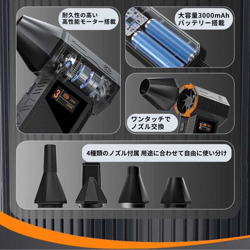 電動エアダスター ブロワー 充電式 風圧320g 強力 コードレス ファン 110000RPM 車...