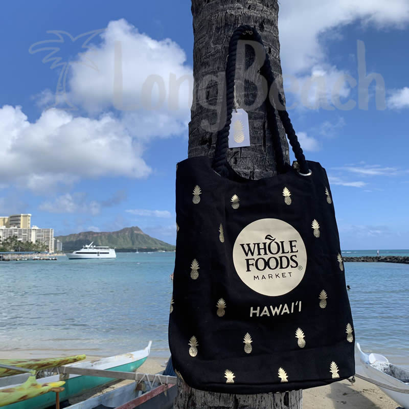 【予約】WHOLE FOODS MARKET ホールフーズマーケット TAG ALOHA製 ロープトートバッグ【ハワイ限定】ブラック x ゴールド / パイナップル デザイン / ワンサイズ エコバッグ【ハワイ直輸入】【正規品】