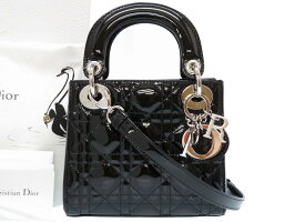 未使用 ディオール レディディオール カナージュ 2WAY ショルダー ハンドバッグ パテントレザー ブラック シルバー金具 黒 0225【中古】Dior ストラップ付
