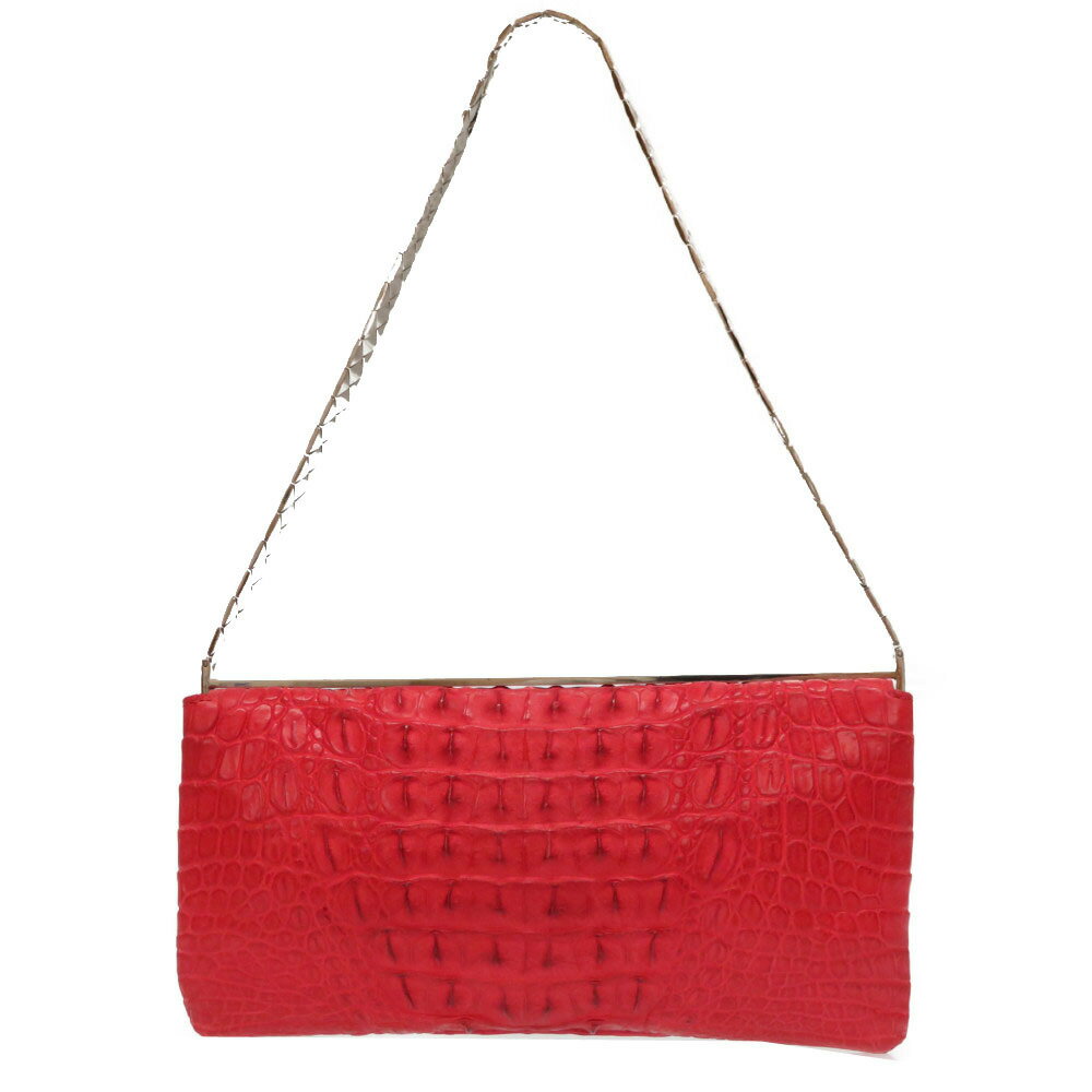 美品 ボッテガヴェネタ カイマン クロコダイル イントレチャート金具 ショルダーバッグ 赤 レッド 0224【中古】BOTTEGA VENETA