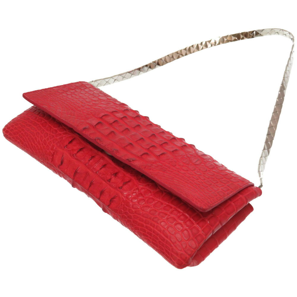 美品 ボッテガヴェネタ カイマン クロコダイル イントレチャート金具 ショルダーバッグ 赤 レッド 0224【中古】BOTTEGA VENETA