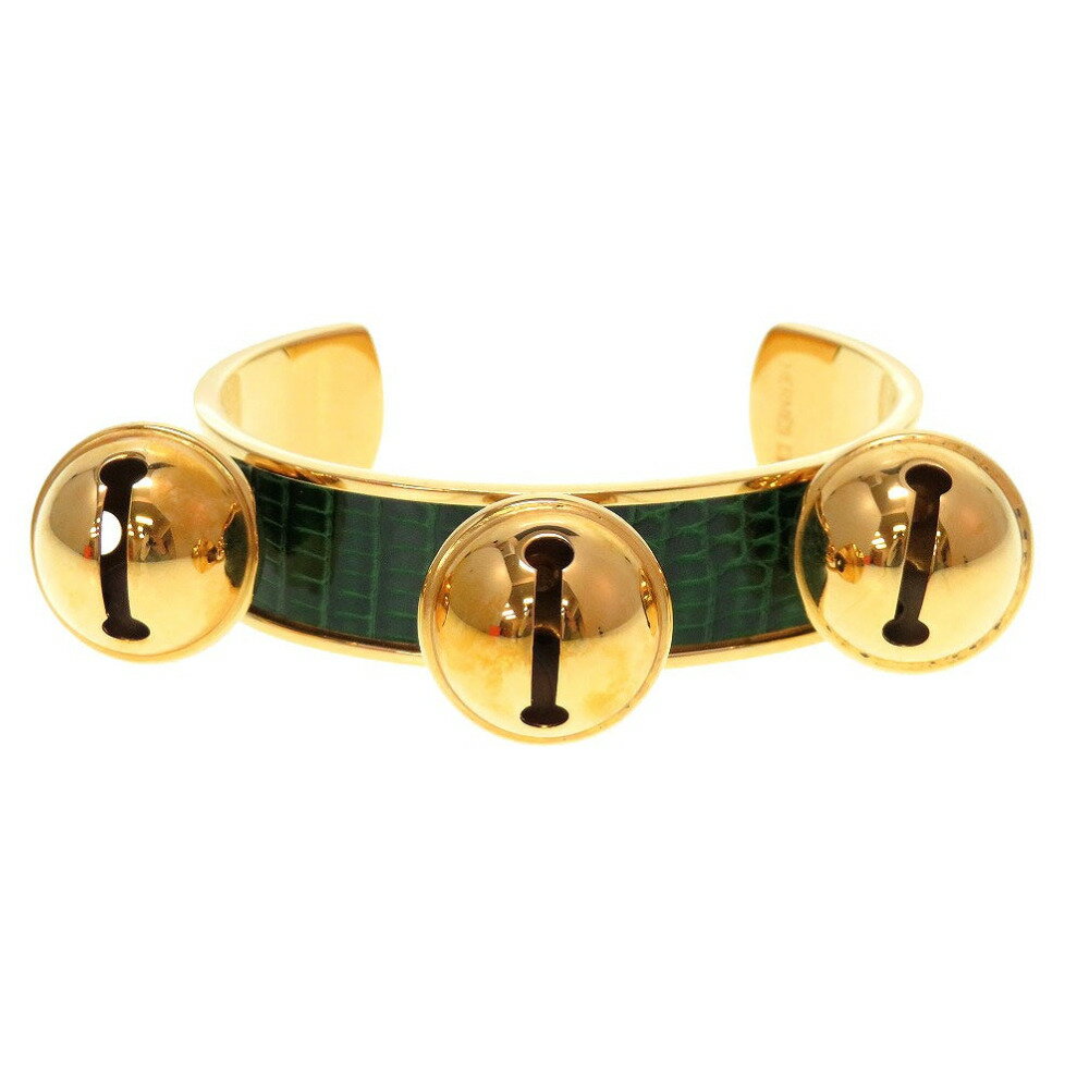 美品 エルメス ヴィンテージ 鈴 すず メタル リザード ゴールド グリーン 緑 バングル 0079【中古】HERMES