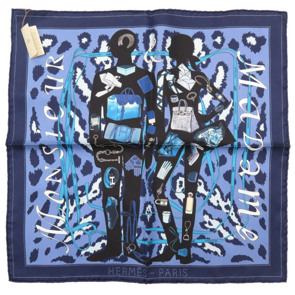 美品 エルメス カレ40 MONSIEUR ET MADAME ムッシュ&マダム シルク ブルー スカーフ 青 0217 【中古】 HERMES