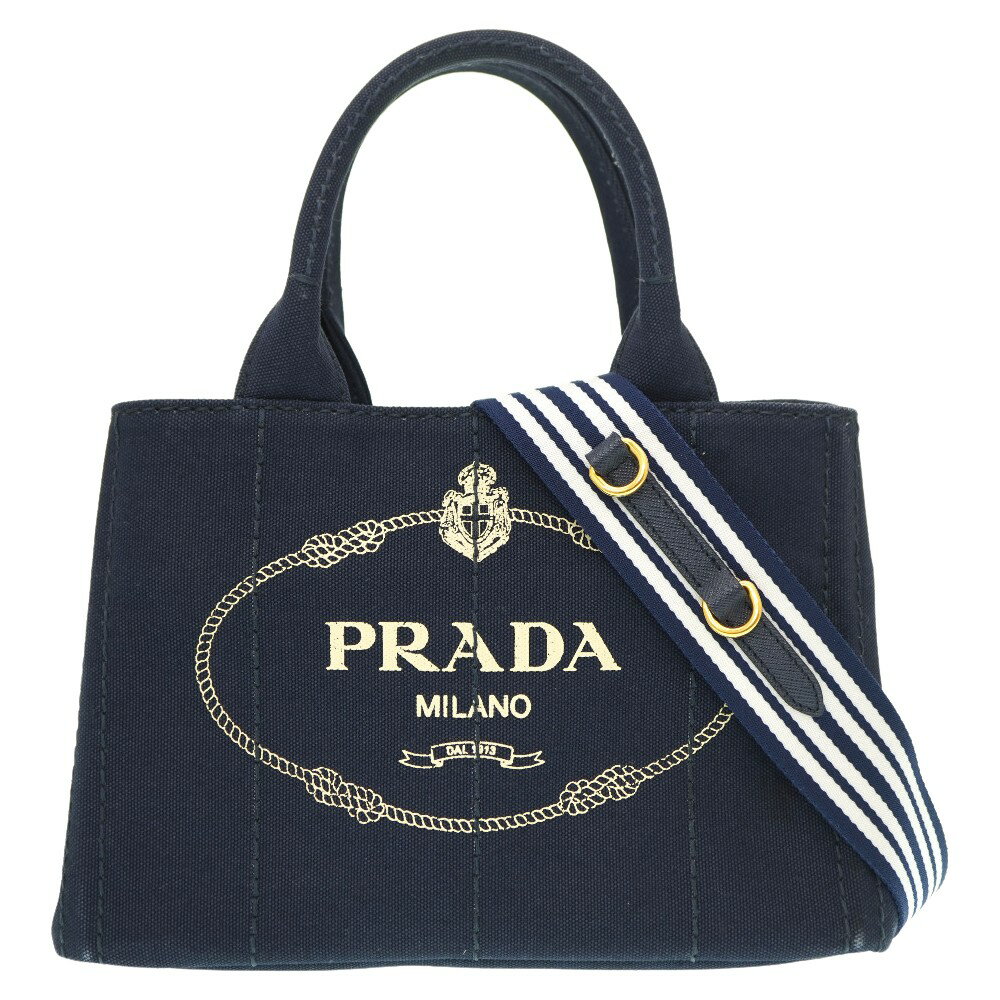 プラダ カナパ ミニ 1BG439 ショルダー トートバッグ キャンバス ネイビー ストライプ 0036【中古】PRADA ストラップ付