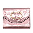 美品 ヴァレンティノ Vロゴ メタルカラー シワ加工 カードケース レザー メタリックピンク 1163【中古】VALENTINO