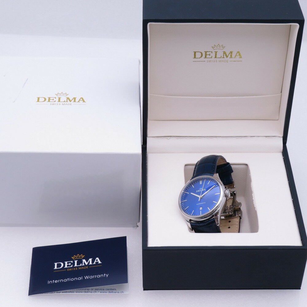 美品 デルマ ヘリテージ 41601 自動巻き 腕時計 SS/型押しレザー ブルー 青文字盤 0954【中古】DELMA メンズ
