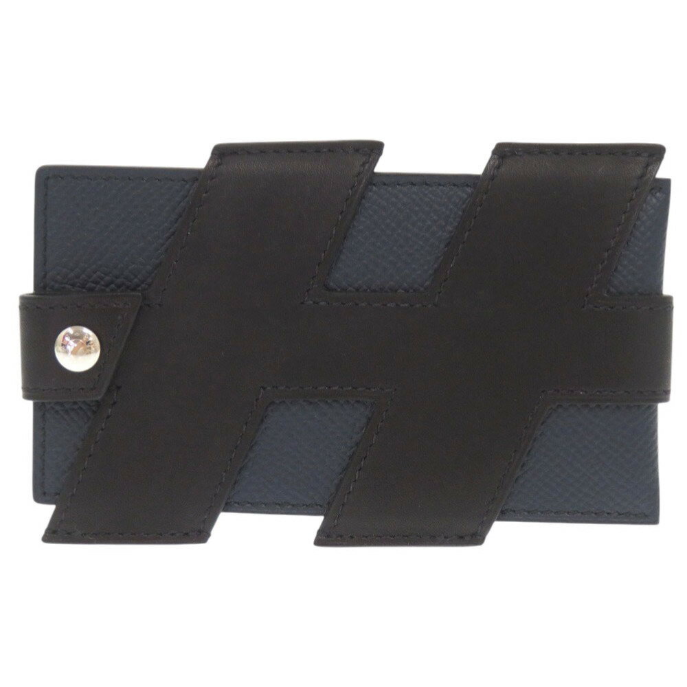 美品 エルメス Hタグ ヴォーエプソン ヴォースイフト ブルーインディゴ ブラック シルバー金具 Z刻印(2021年製) カードケース 0487【中古】HERMES