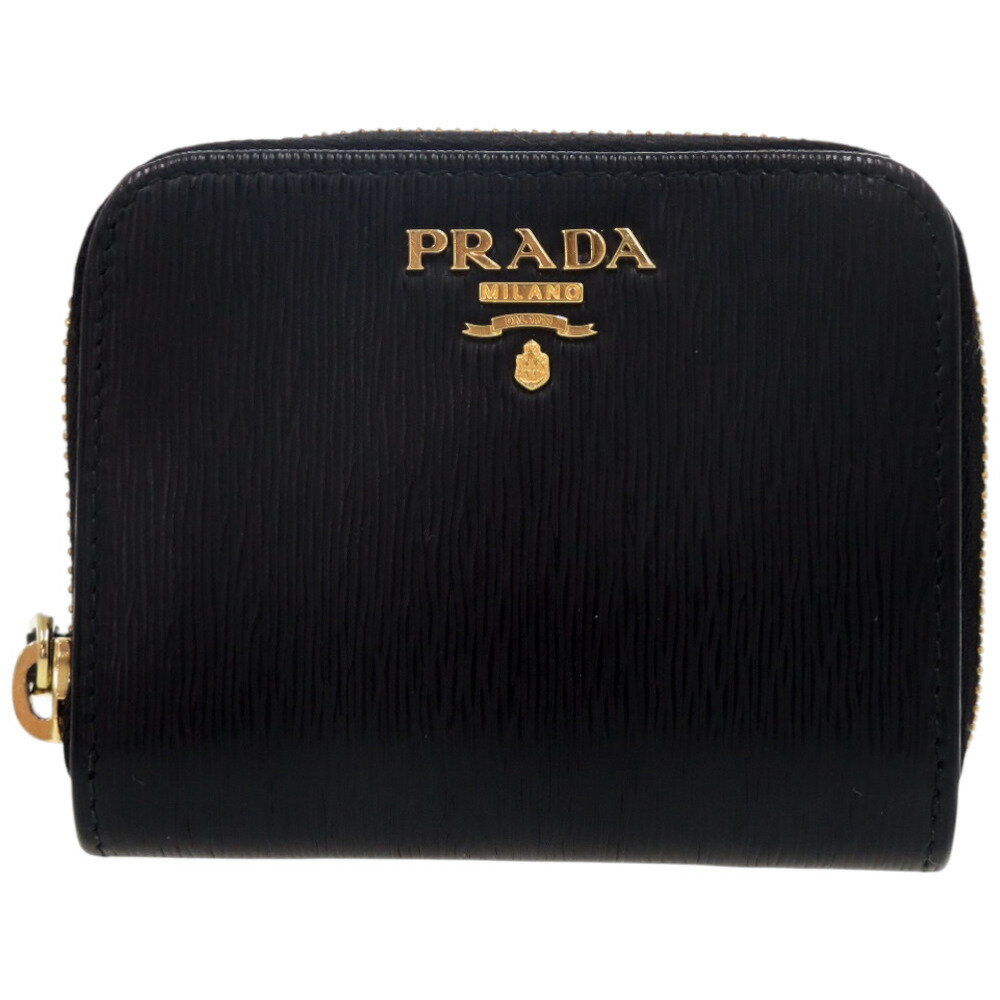美品 プラダ ラウンドファスナー 1MM268 レザー ゴールド金具 ブラック 黒 コインケース 財布 0691【中古】PRADA