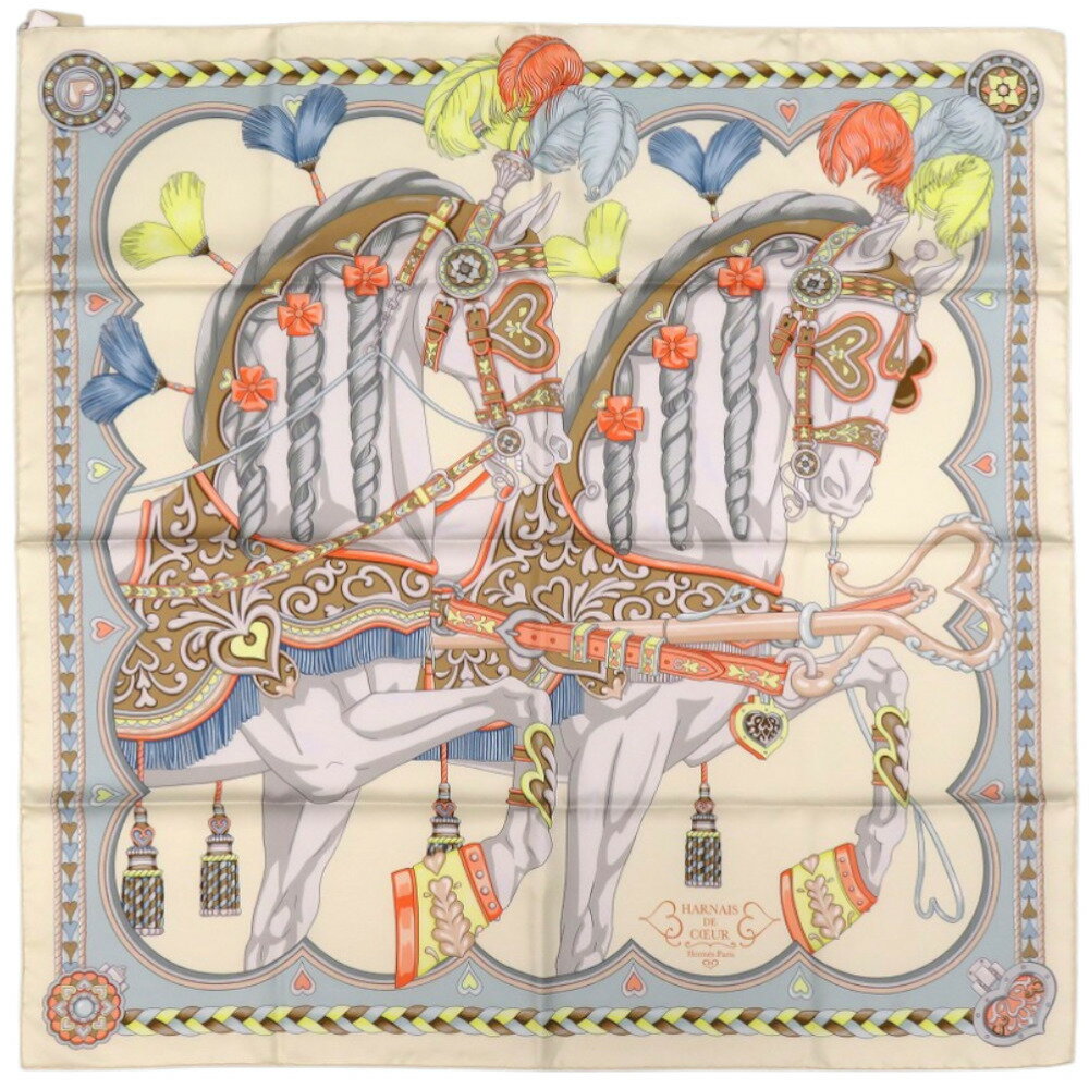 新品同様 エルメス カレ90 アルネ ドゥ クール シルク クレーム グリペルル アプリコット クリーム ス..